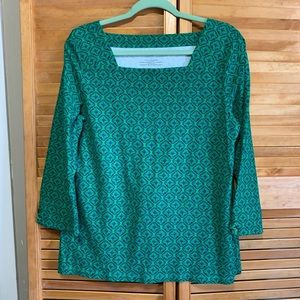 Talbots sz large cotton knit, green n navy small geo pattern square neck top